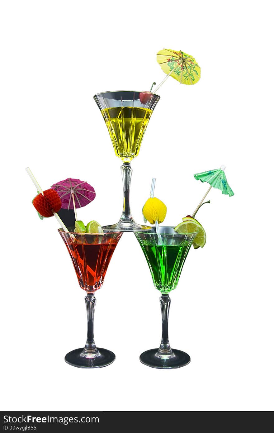 Three  stacked cocktails isolated on white background. Three  stacked cocktails isolated on white background