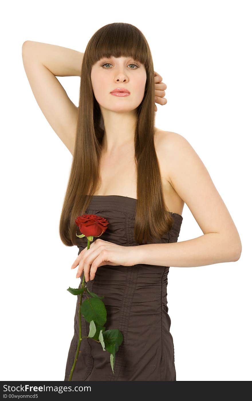 Attractive Brunette With Red Rose