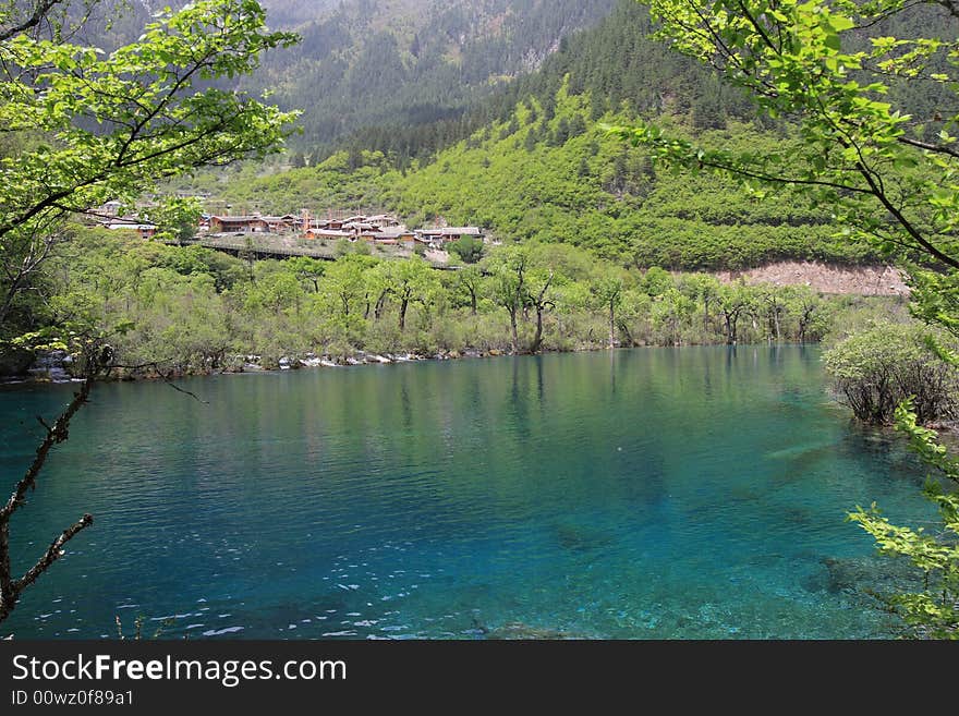 Beautiful lake in jiuzhaigou valley scene，sichuan province