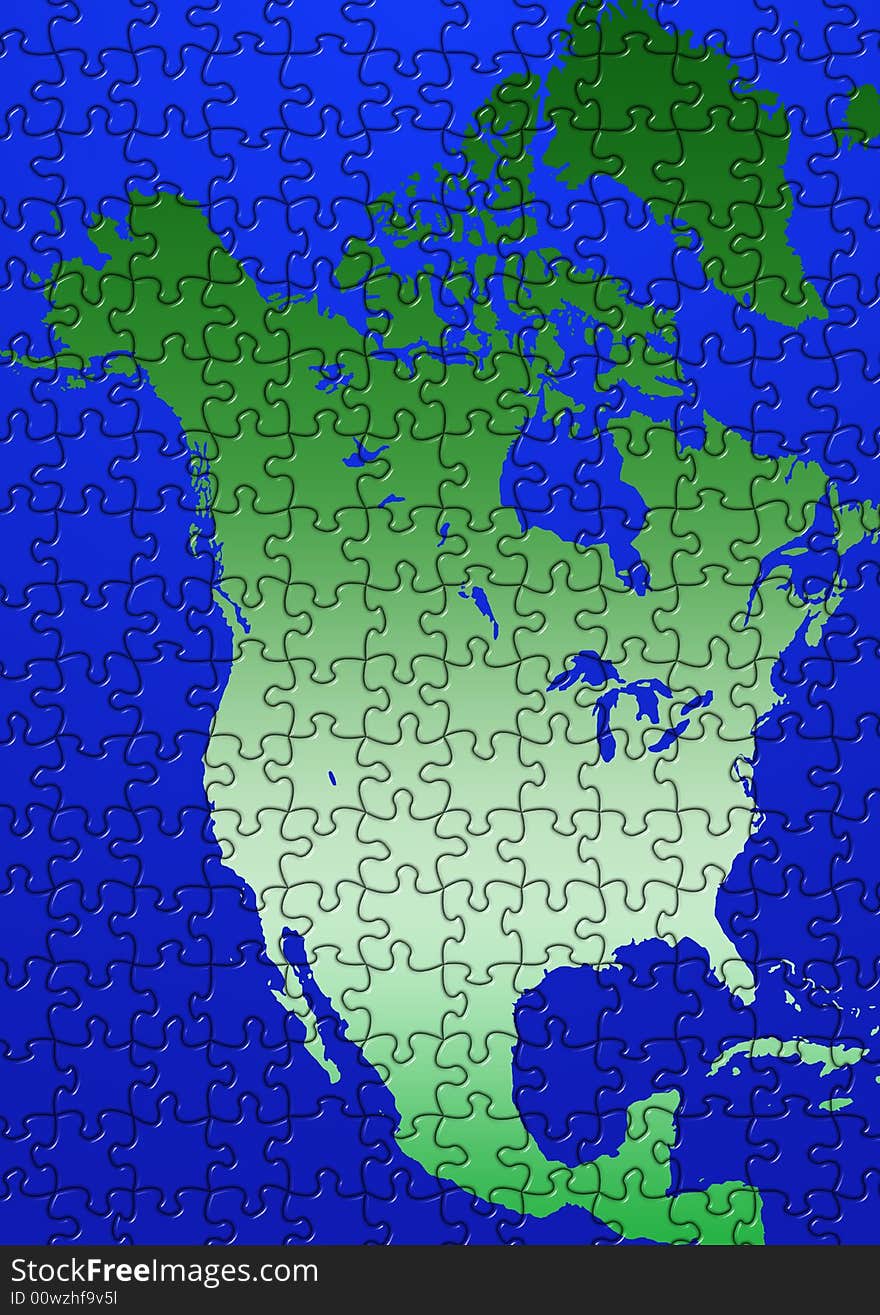 Colorful computer-generated puzzle North America map illustration