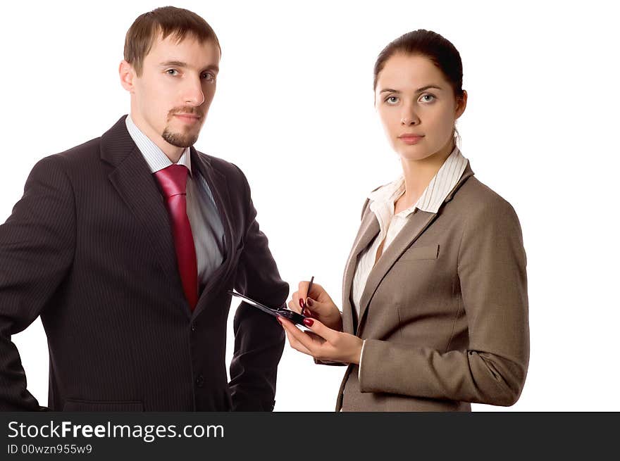 Young business man and woman working on a pda (isolated on white)