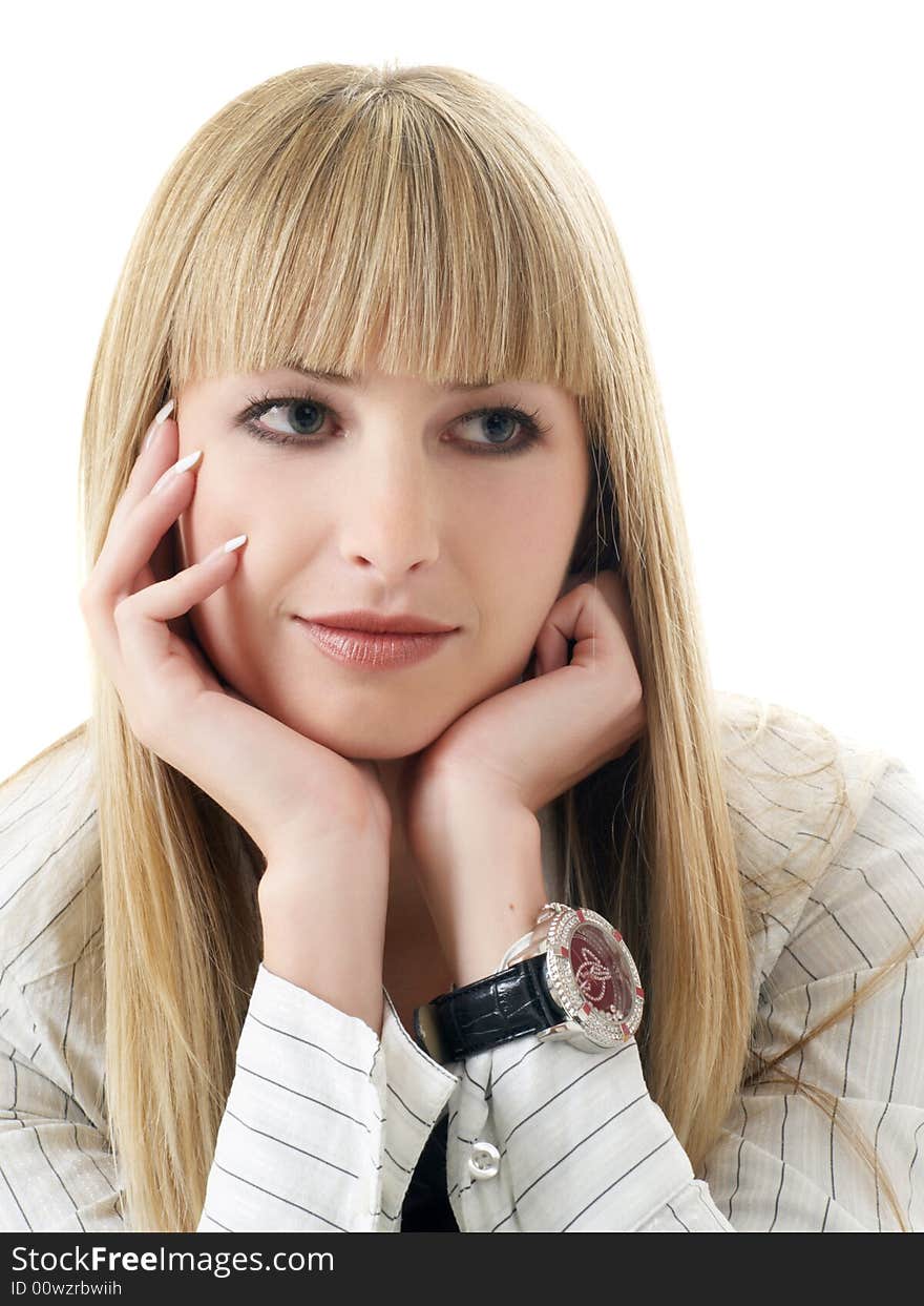 Beautiful blonde girl on white background