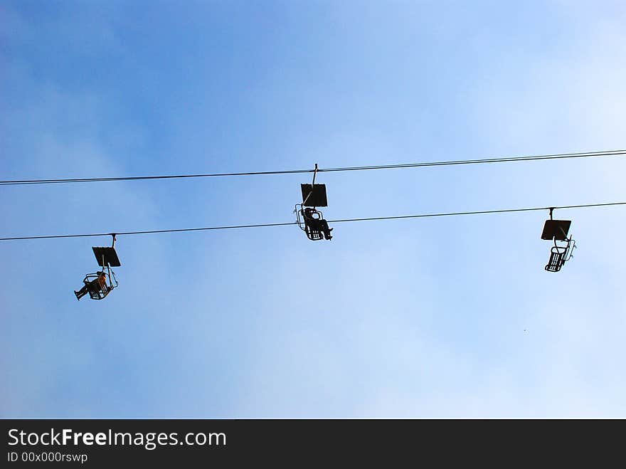 The cable cars for tourist sightseeing in the blue sky.