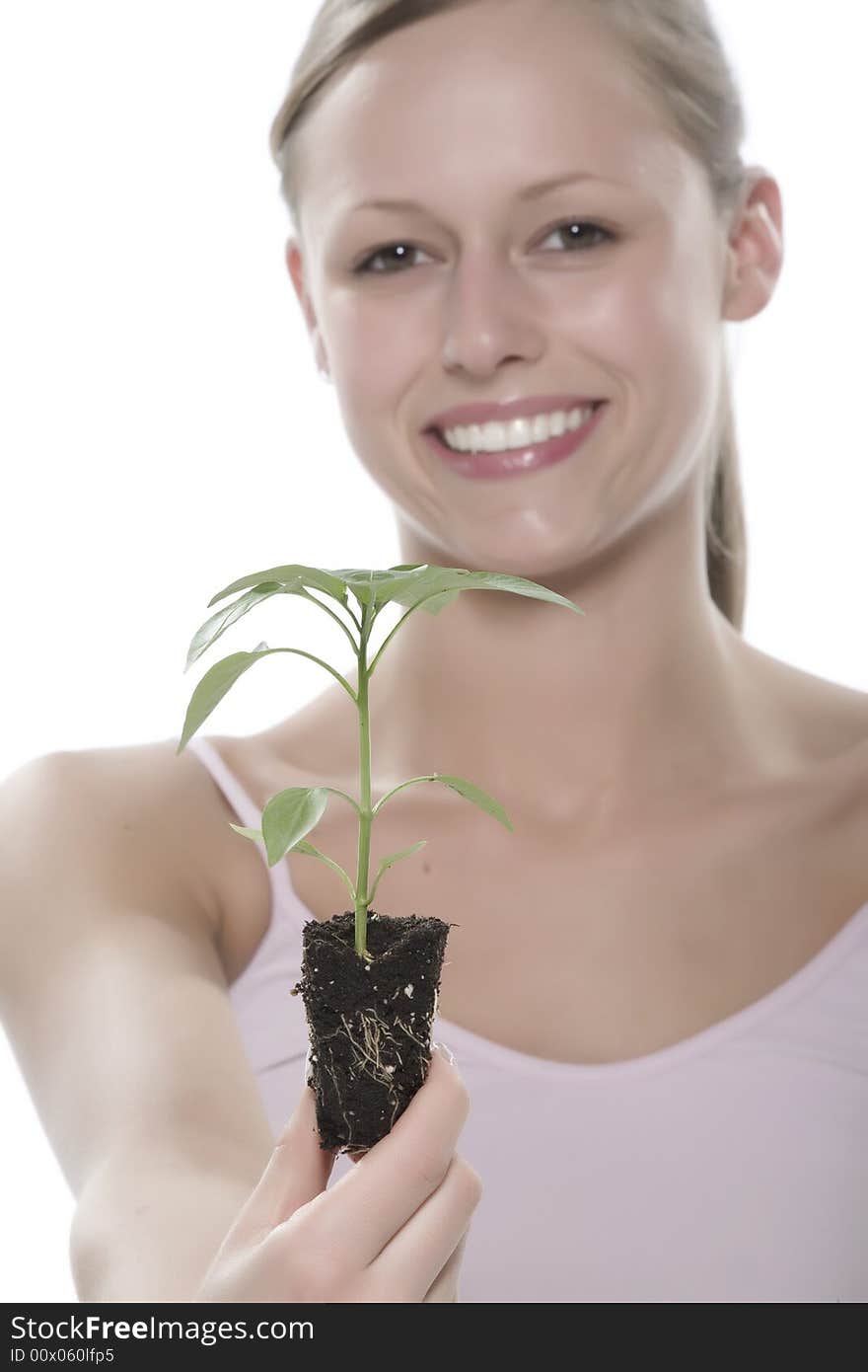 Isolated on white backgorund woman with plant. Isolated on white backgorund woman with plant