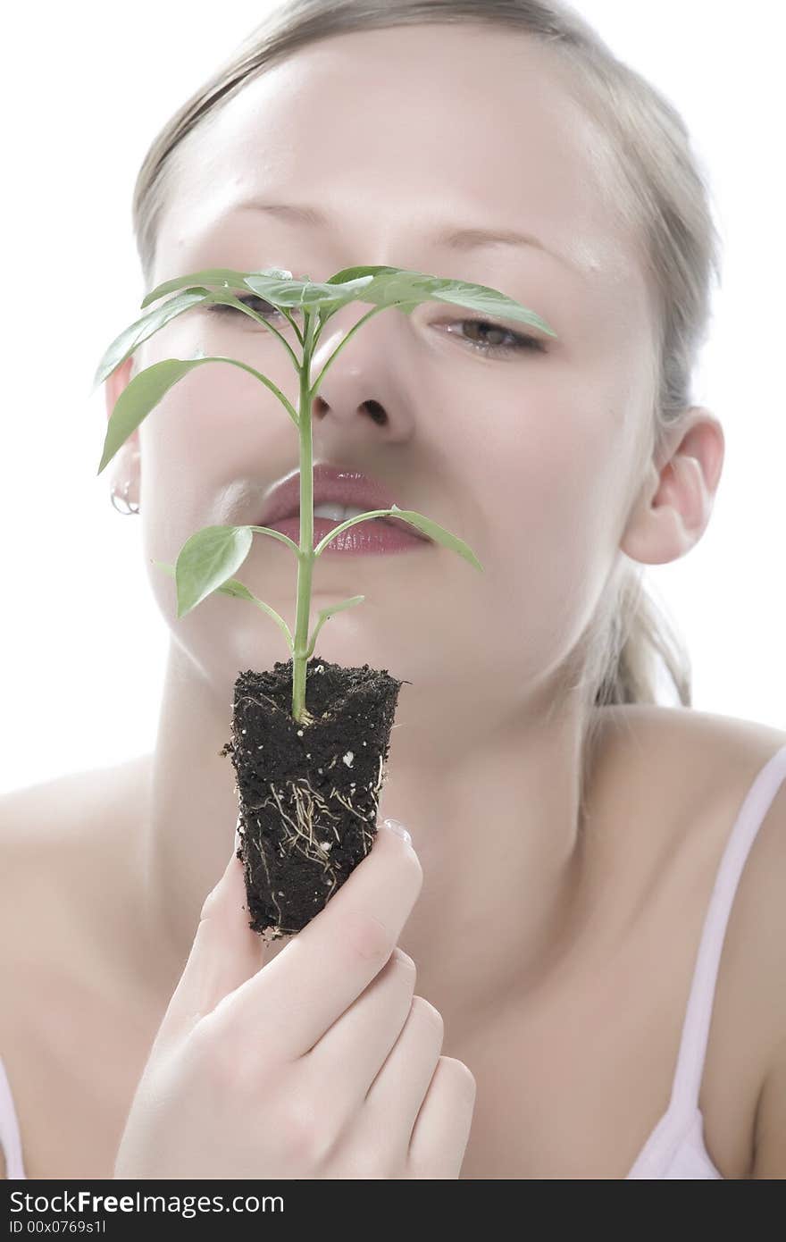 Isolated on white backgorund woman with plant. Isolated on white backgorund woman with plant