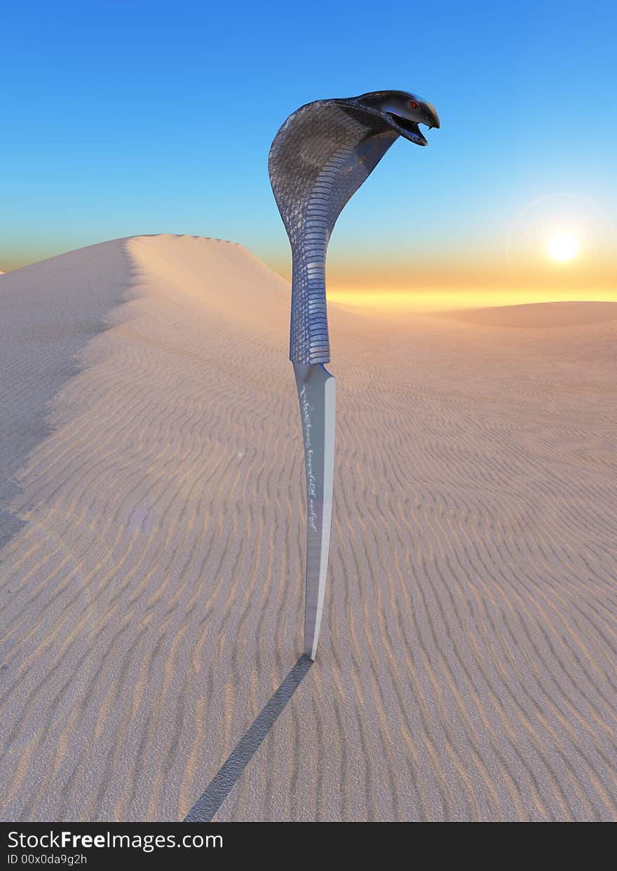 Exotic knife on a sand , 3D render