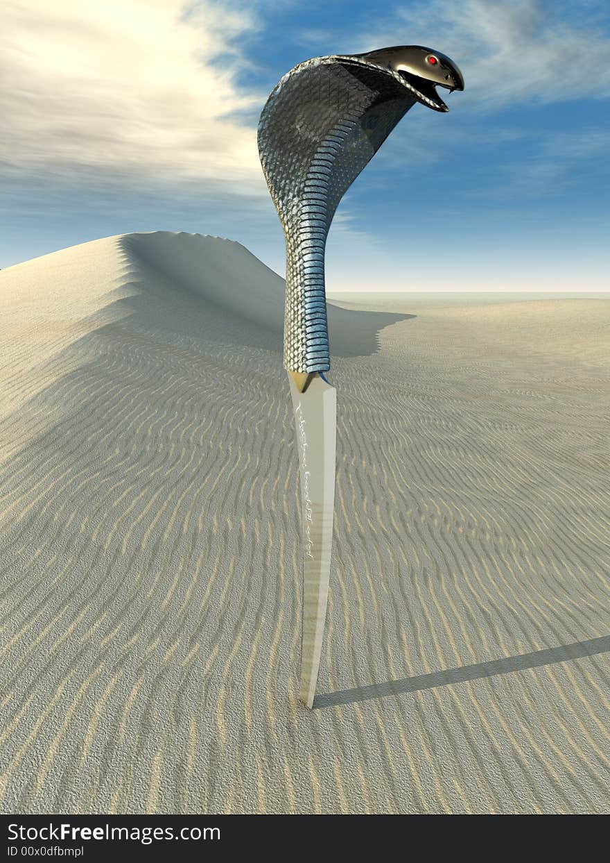 Exotic knife on a sand , 3D render