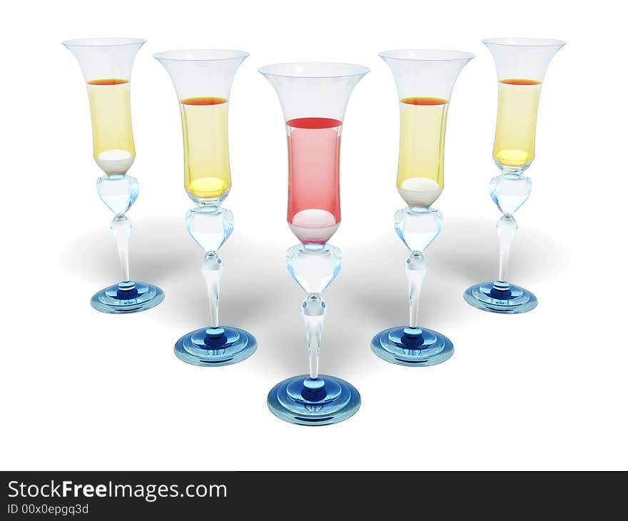 Five wineglass on white background, 3d render