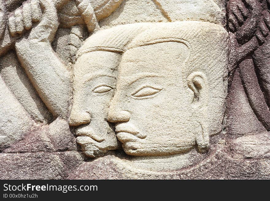 The bayon construction started probably arround 1200 AD during the reign of Jayavarman VII to Jayavarman VIII. Art historians considered that this temple is one of the most enigmatic religious construction in the world. here one example of the bas reliefs on the walls, the two registers of the army on the march, S section E outer gallery, N of the doorway; This is a representation of the infantry. The bayon construction started probably arround 1200 AD during the reign of Jayavarman VII to Jayavarman VIII. Art historians considered that this temple is one of the most enigmatic religious construction in the world. here one example of the bas reliefs on the walls, the two registers of the army on the march, S section E outer gallery, N of the doorway; This is a representation of the infantry