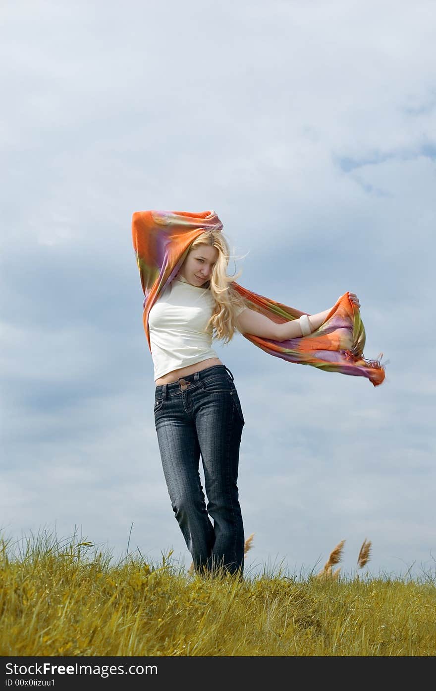 Girl with  scarf costs on a wind. Girl with  scarf costs on a wind