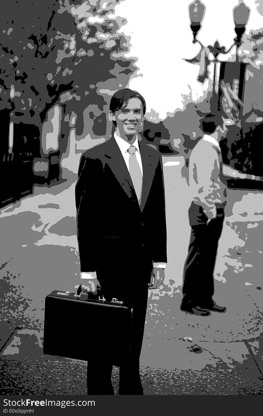 Processed photo of two young businessmen standing next to each other with one businessman smiling holding a briefcase and the other looking away. Processed photo of two young businessmen standing next to each other with one businessman smiling holding a briefcase and the other looking away