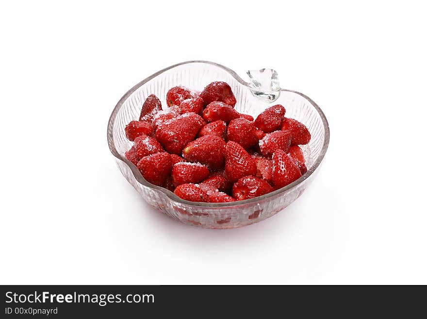 Fresh strawberries with sugar on top isolated on white background