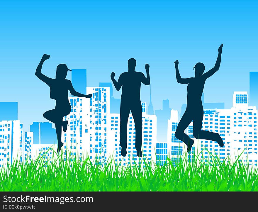 Illustration of people jumping in the park