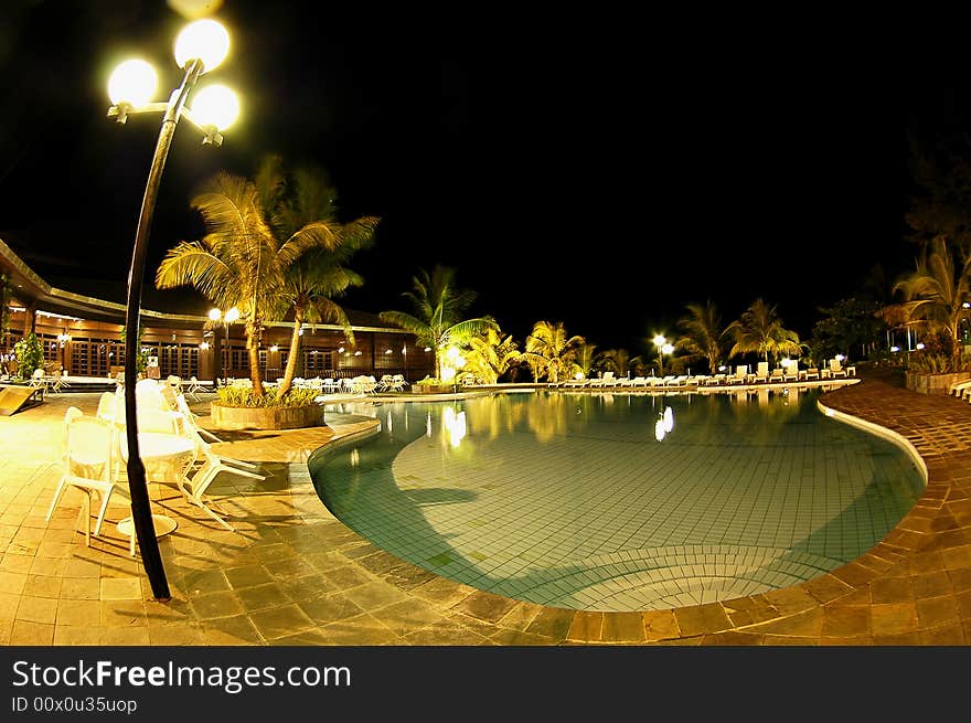 Night shoot of swimming pool at layang layang resort,Sabah Malaysia