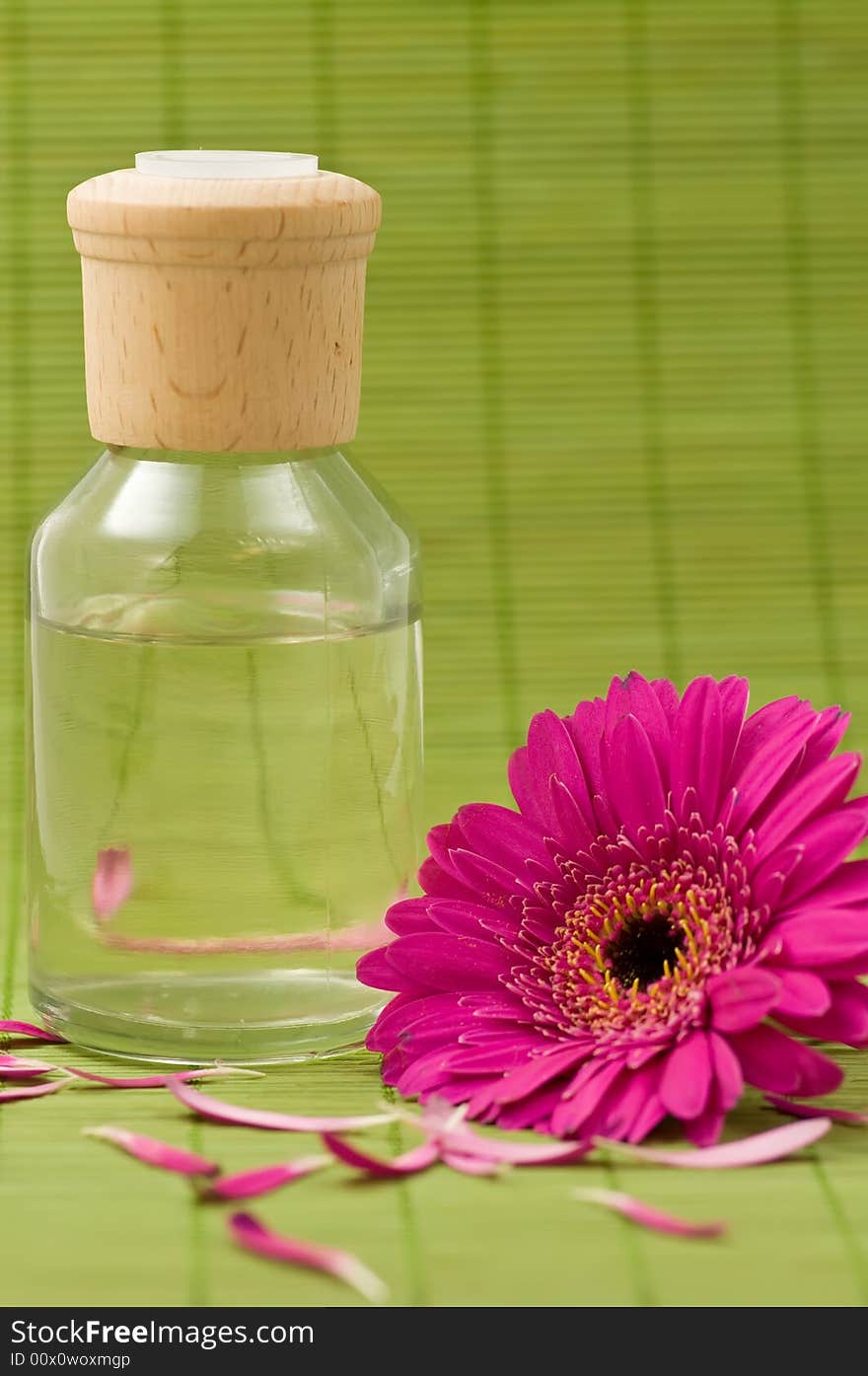 Aromatherapy bottle, pink flower and petals on green bamboo, focus on bottle