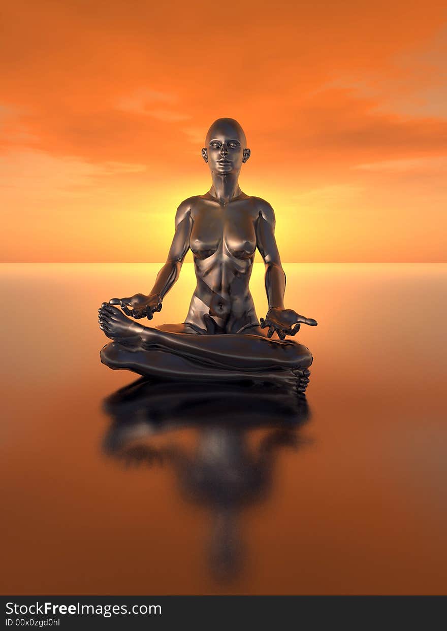 Naked girl in lotus pose - fantasy 3d scene.