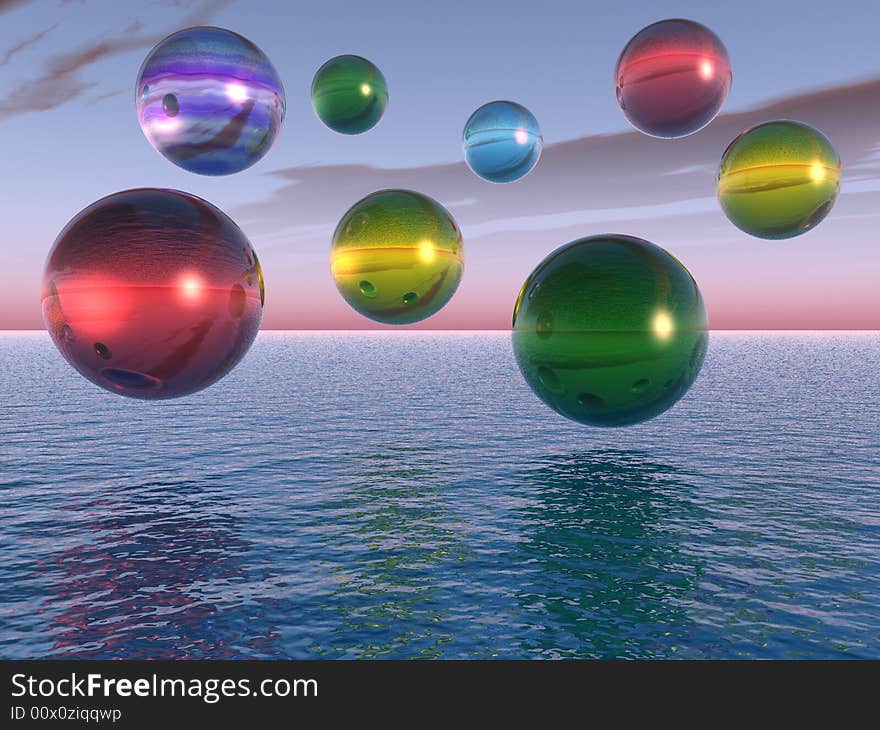 Multicolor rising balls from sea surface - 3d illustration.