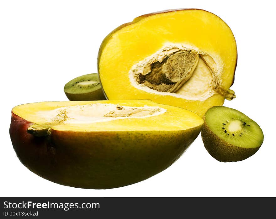 Mango and Kiwi isolated on white background.