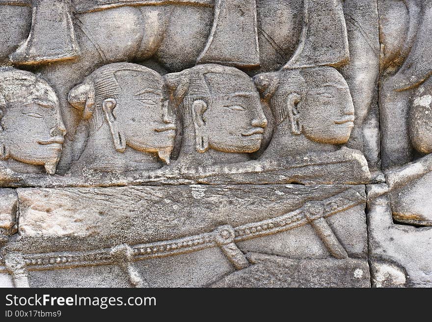 The bayon construction started probably arround 1200 AD during the reign of Jayavarman VII to Jayavarman VIII. Art historians considered that this temple is one of the most enigmatic religious construction in the world. here one example of the bas reliefs on the walls; A cham war vessel on the exterior gallery, S. side, E. wing. The bayon construction started probably arround 1200 AD during the reign of Jayavarman VII to Jayavarman VIII. Art historians considered that this temple is one of the most enigmatic religious construction in the world. here one example of the bas reliefs on the walls; A cham war vessel on the exterior gallery, S. side, E. wing