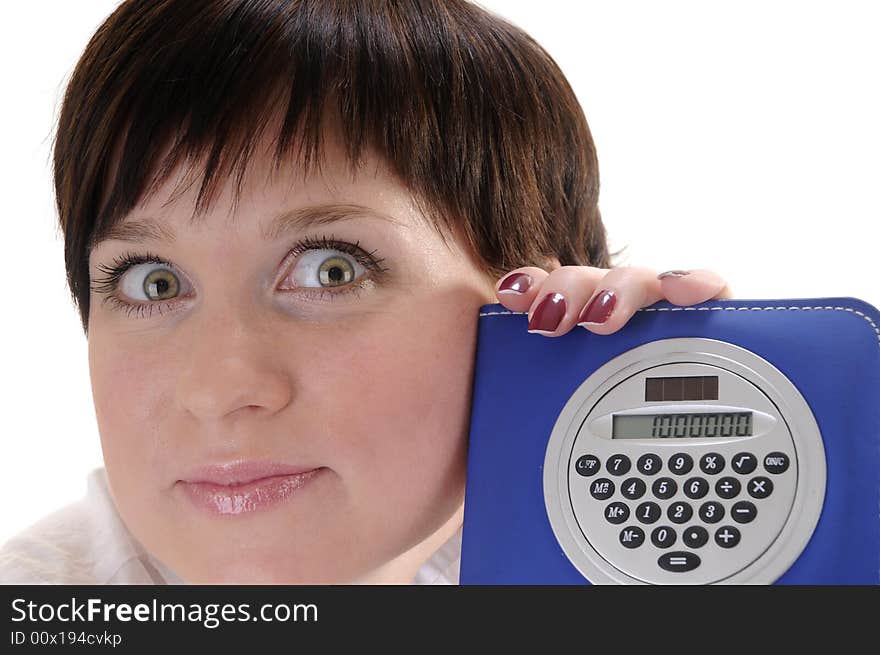 Woman holds calculator with million number on it. Woman holds calculator with million number on it