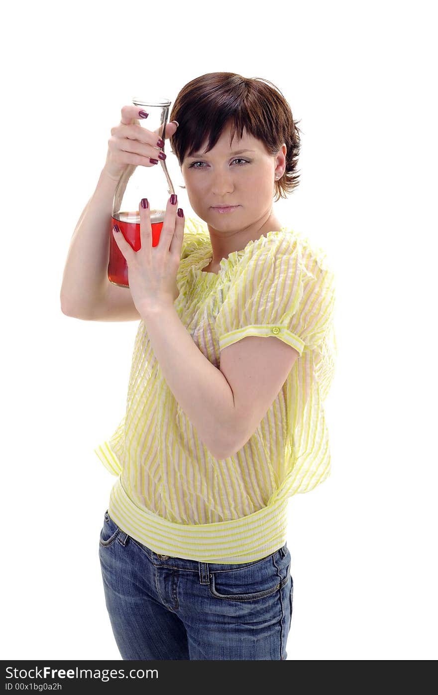 Young woman holds bottle of red wine. Young woman holds bottle of red wine