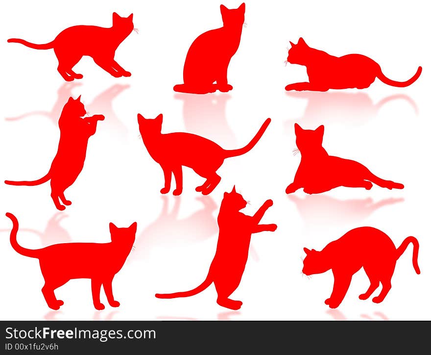 Illustration about funny cats silhouette in typical poses