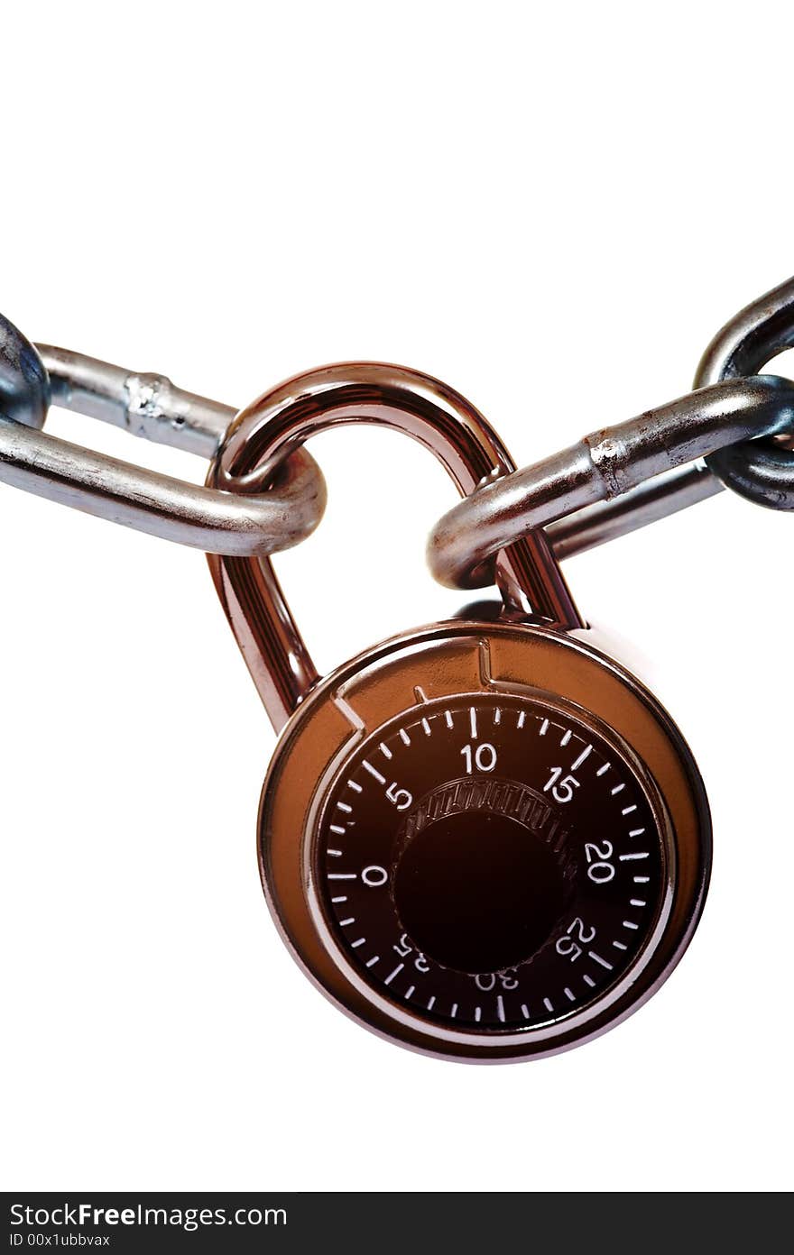 A combination lock and a silver chain on a white background with copy space, security concept. A combination lock and a silver chain on a white background with copy space, security concept