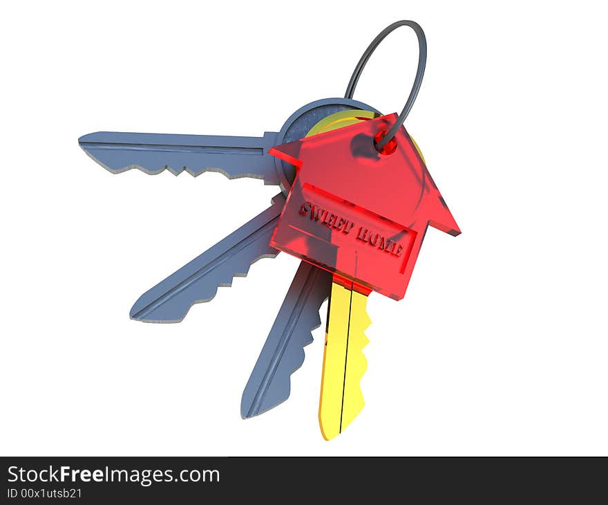 Bunch of keys with one gold key and a red transparent charm in the form of the house with an inscription Sweet house