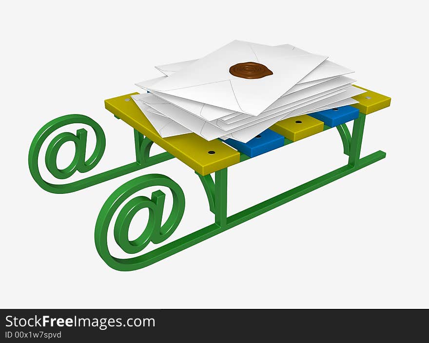 Three-dimensional model of sledge with a pack of letters. Sledge and a seal have the form of a symbol of e-mail. Three-dimensional model of sledge with a pack of letters. Sledge and a seal have the form of a symbol of e-mail.