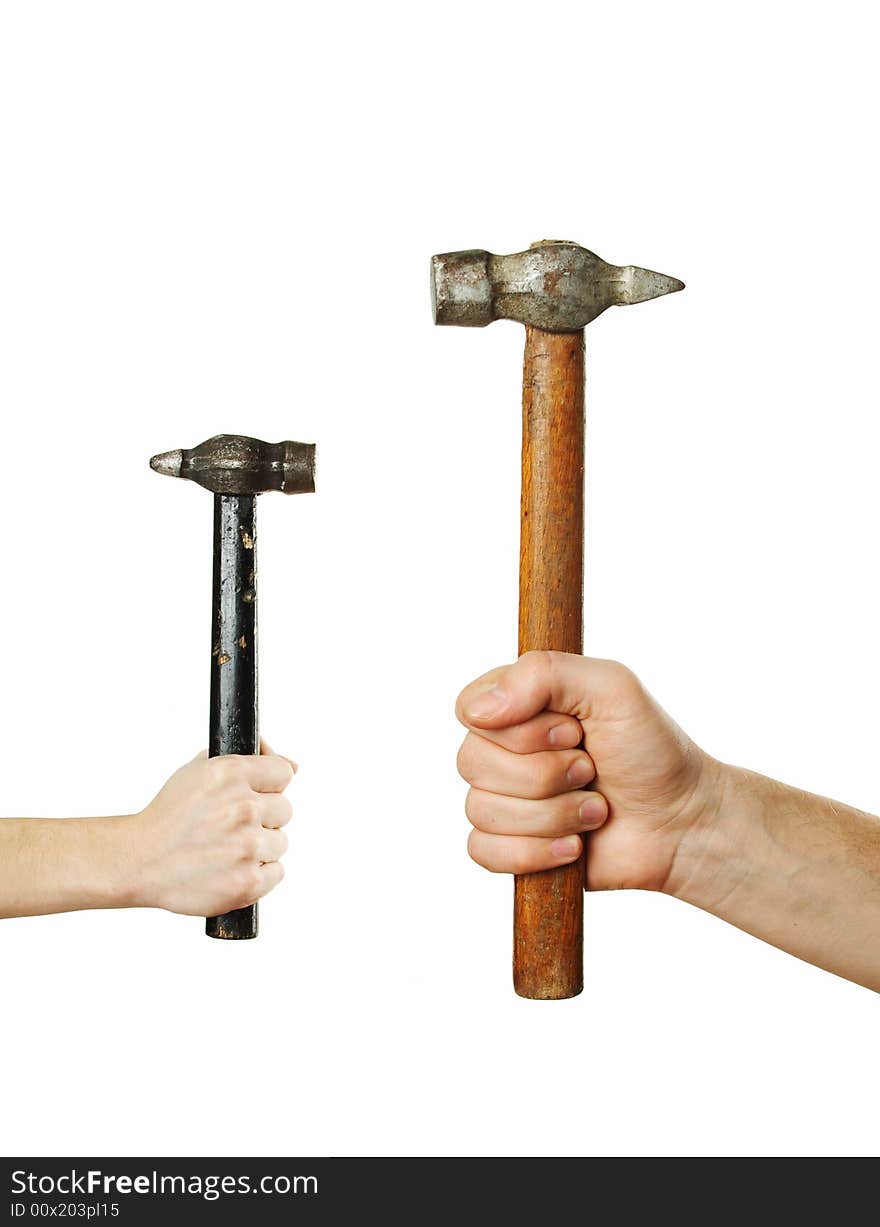 Big and small hammers isolated over white background