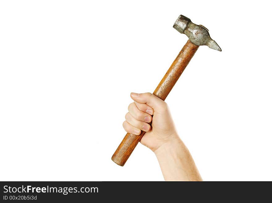 Hand holding hammer isolated over white background