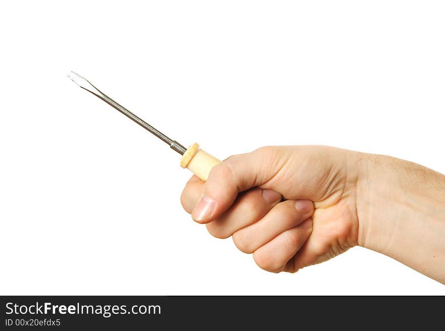 Hand holding screwdriver isolated over white background