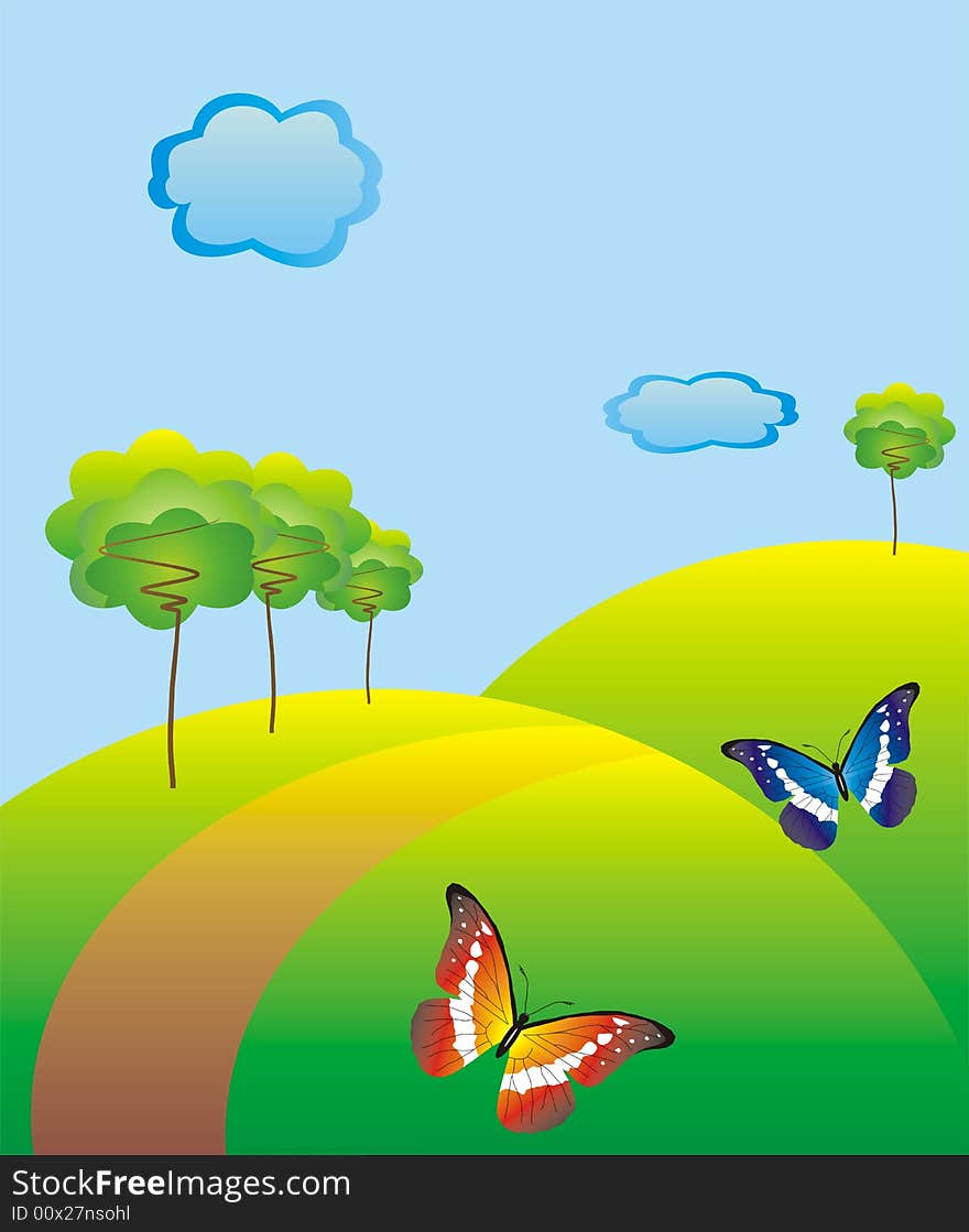 Illustration of fields and butterflies. Illustration of fields and butterflies