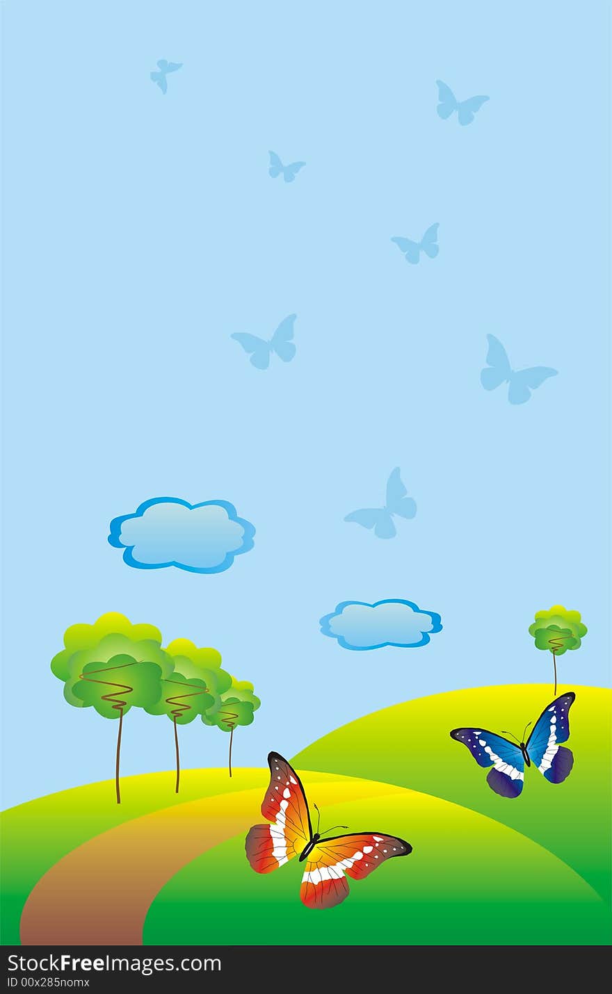 Illustration of fields and butterflies. Illustration of fields and butterflies