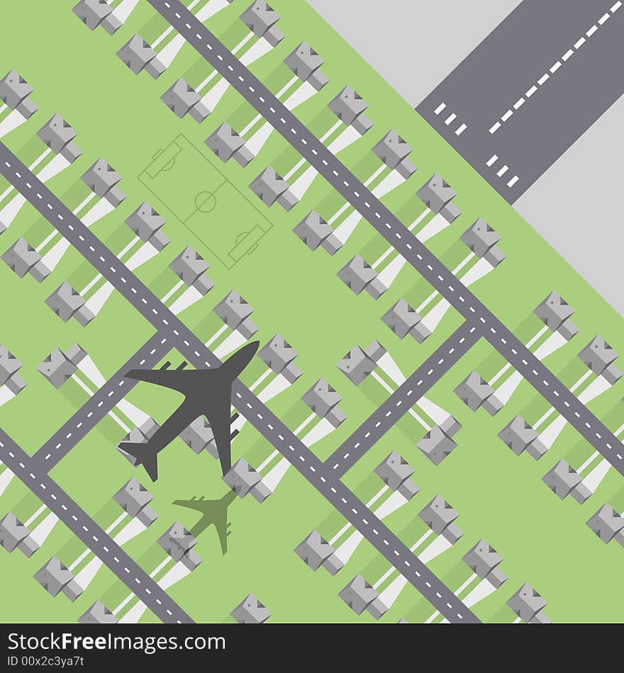 Concept illustration of a built up area in the path of a airport runway. Concept illustration of a built up area in the path of a airport runway.