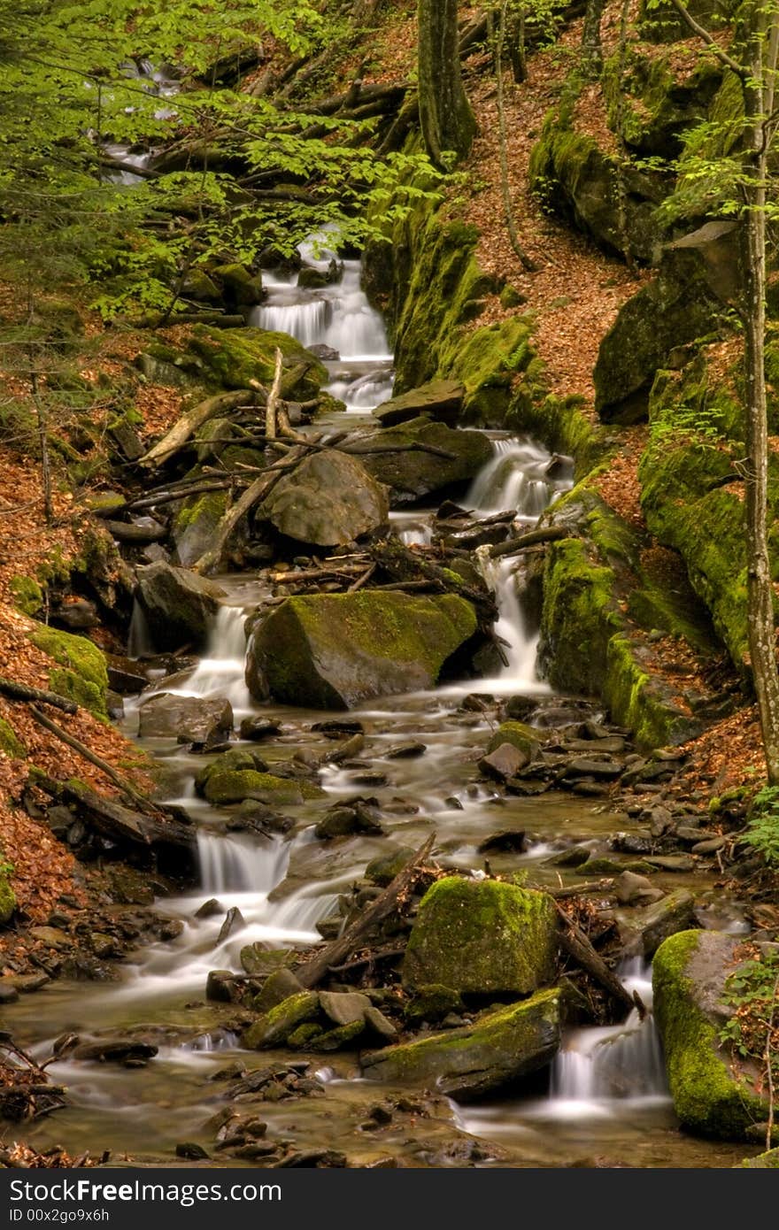 Mountain river in the forest of mountains with a waterfall