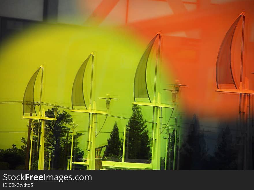 Reflection of Modern Lampposts on Footbridge. Reflection of Modern Lampposts on Footbridge