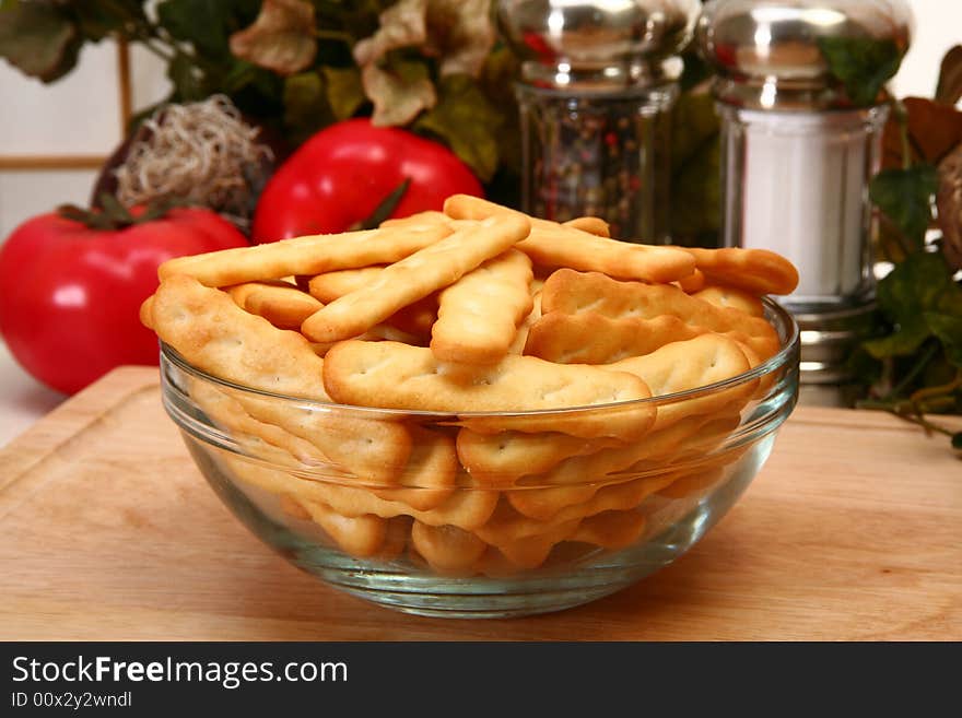 Bowl of club crackers in restaurant or kitchen. Bowl of club crackers in restaurant or kitchen.