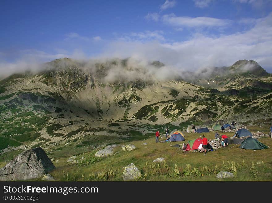 Carpathian Mountains called Retezat in the morning with tent camp on the morning time