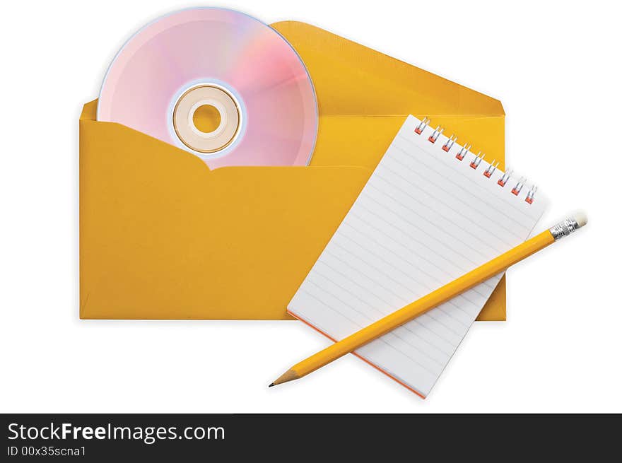 Envelope with CD spiral notepad and pencil isolated on a white background