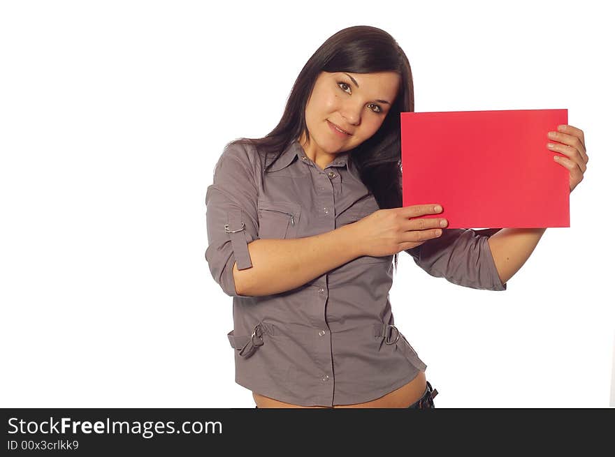 Attractive woman holding banner on white background. Attractive woman holding banner on white background