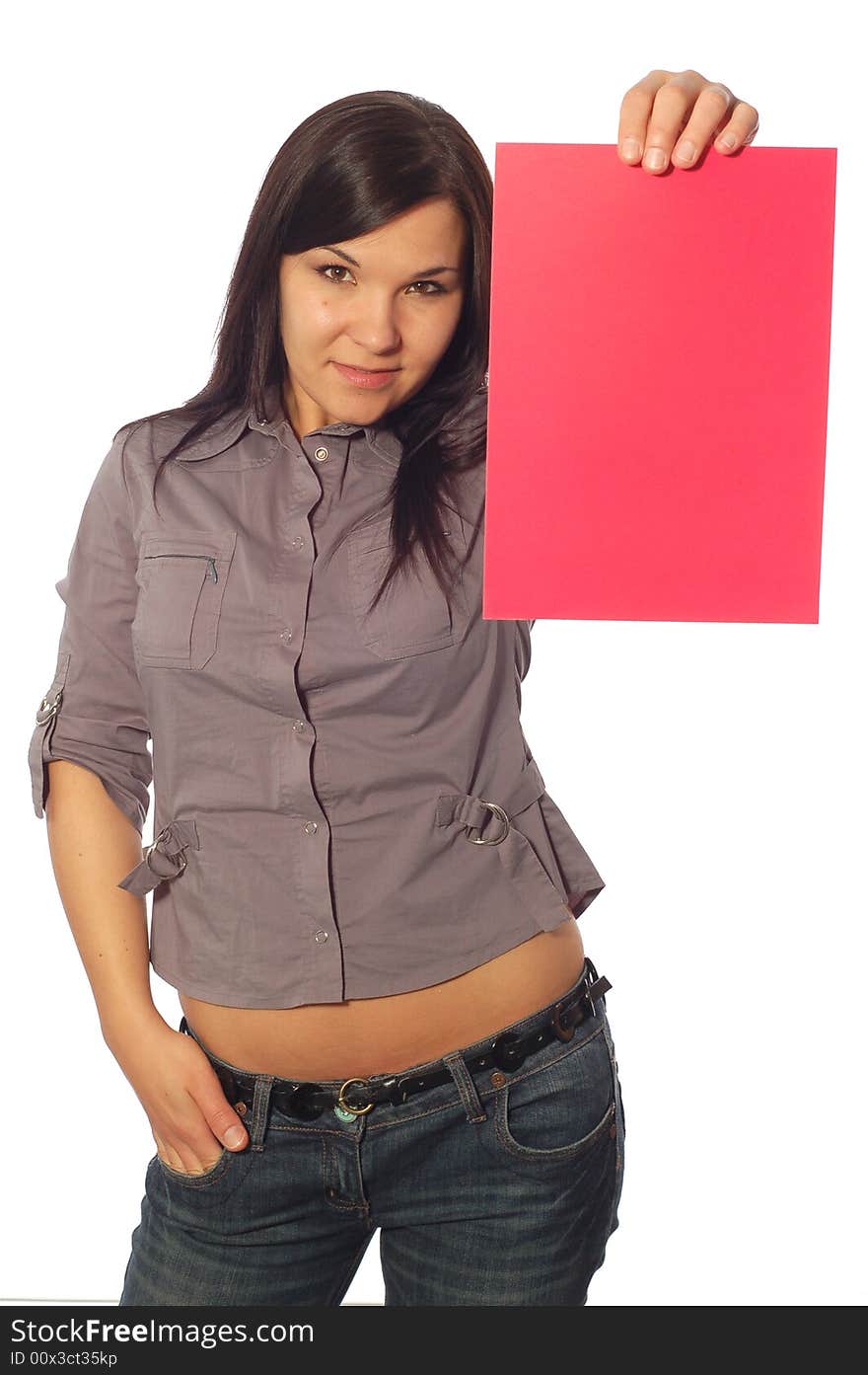 Attractive woman holding banner on white background. Attractive woman holding banner on white background