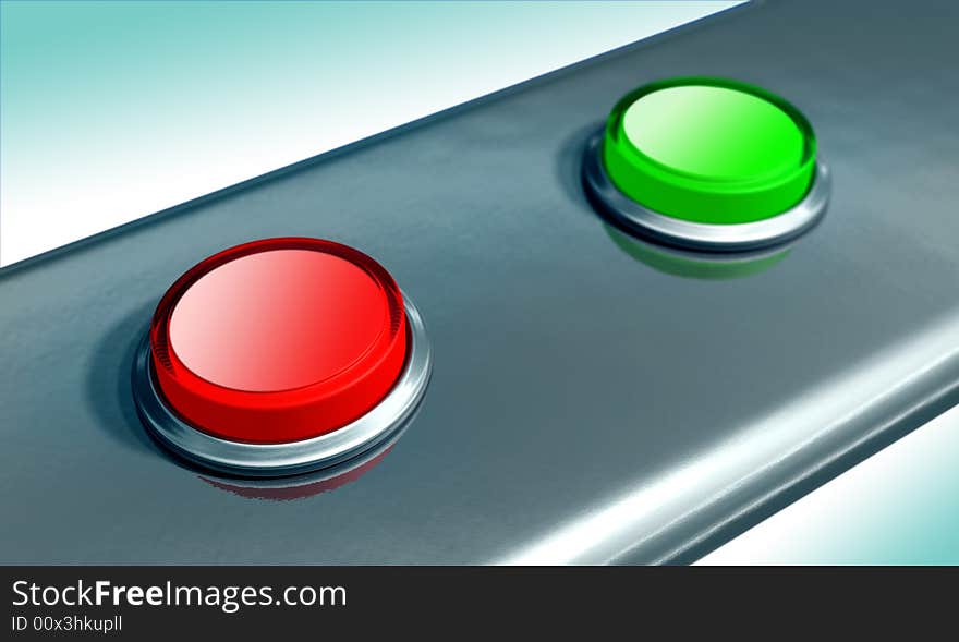 Red and green buttons on a metal plate. Digital illustration. Red and green buttons on a metal plate. Digital illustration.