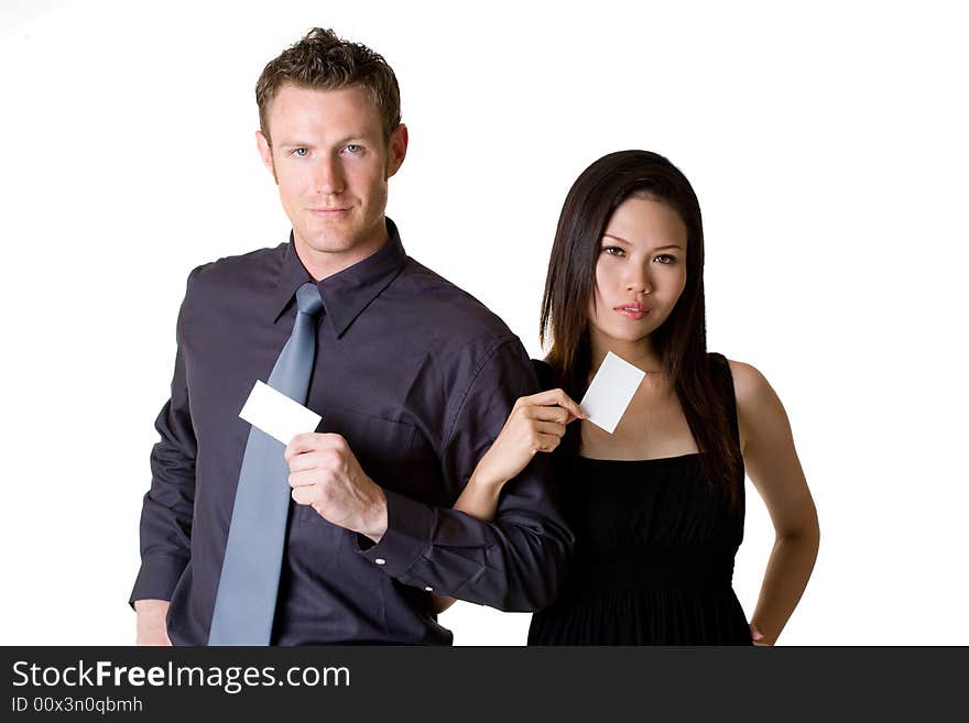 Businessman and woman showing blank bussiness car