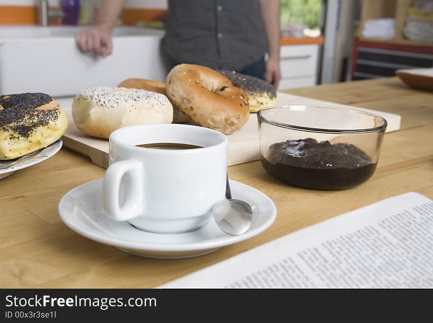 A breakfast food spread on top of a kitchen counter. A breakfast food spread on top of a kitchen counter.