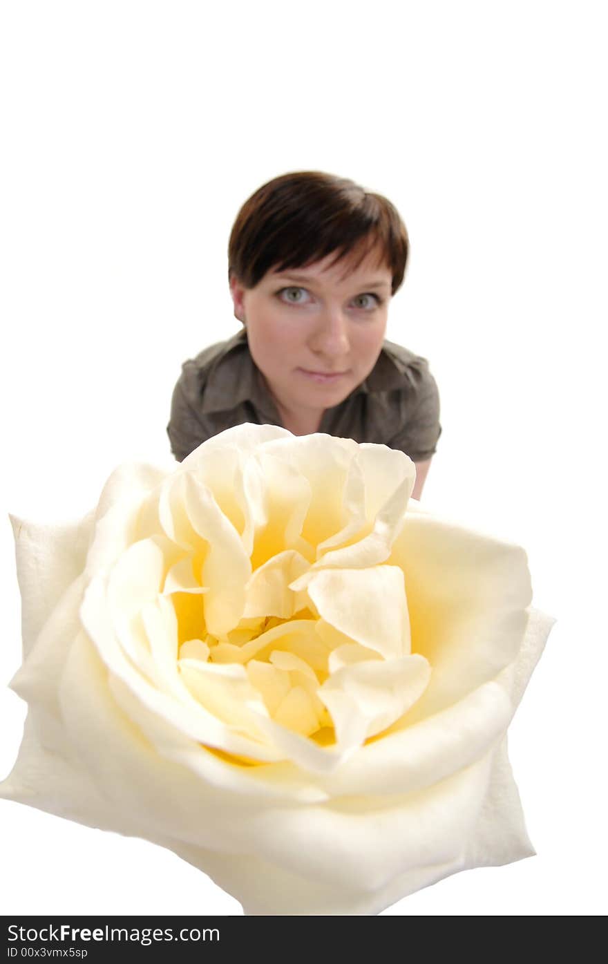 Fisheye portrait of woman with rose