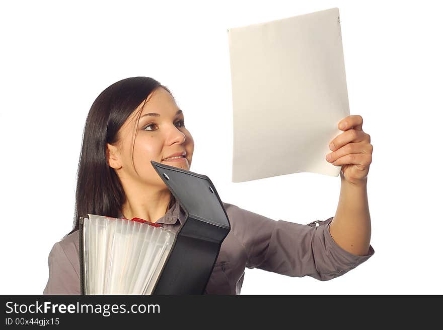 Attractive woman with papers on white background. Attractive woman with papers on white background