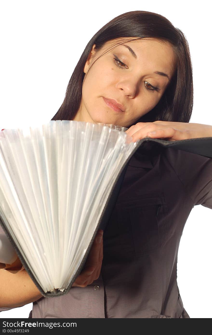 Attractive woman with papers on white background. Attractive woman with papers on white background