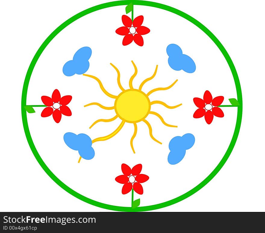 Summertime clock with flowers and sun and clouds