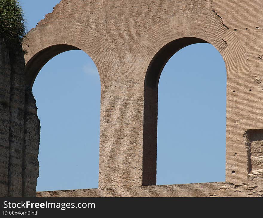 Two open windows of a roman ruin in Rome. Two open windows of a roman ruin in Rome